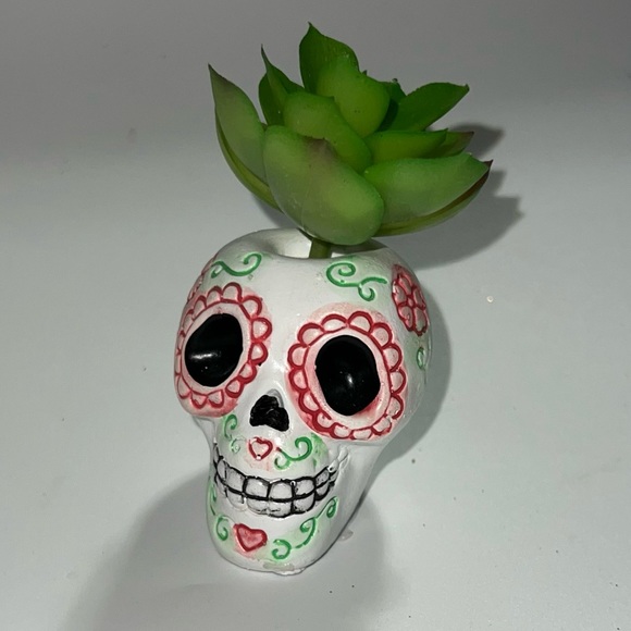 Day Of The Dead Desktop Ceramic Sugar Skull Artifical Succulent Plant Figure - Picture 6 of 11